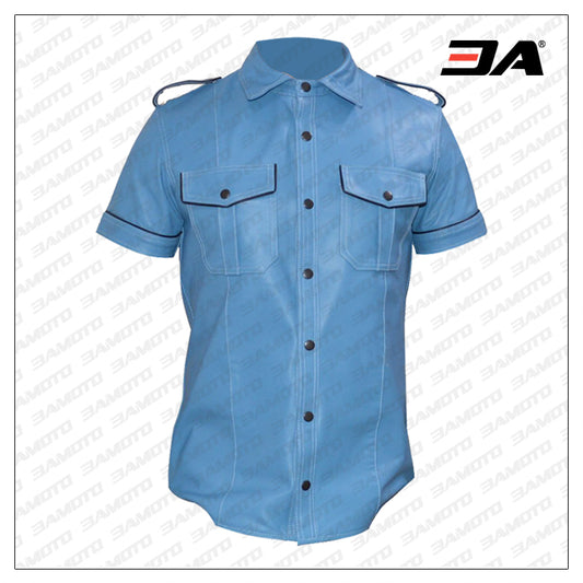 Blue Leather Shirt With Piping - 3amoto shop