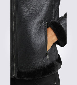 Brave Black Shearling Leather Jacket Closeup
