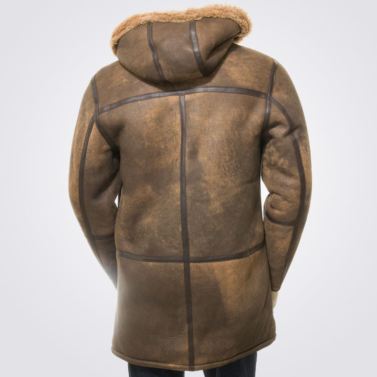 Brown Hooded Sheepskin Duffle Coat for Men