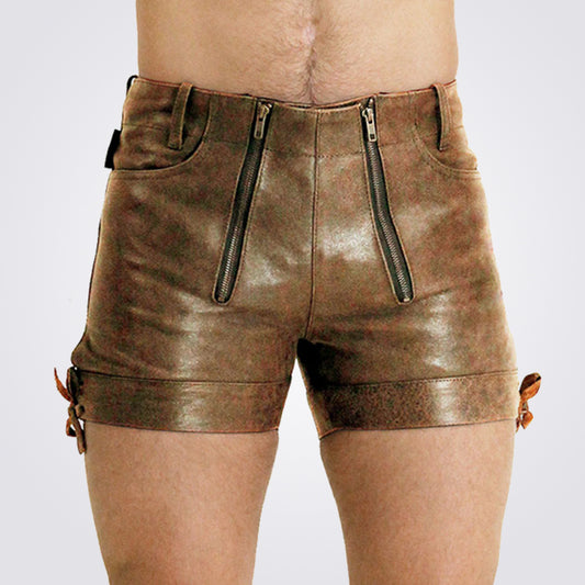 Brown Leather Shorts For Men - 3amoto shop