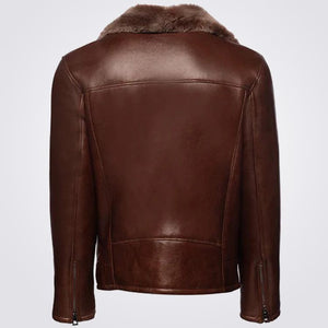 Brown Shearling Bomber Biker Jacket With Lapels