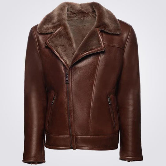 Brown Shearling Bomber Motorcycle Jacket With Lapels - 3amoto shop