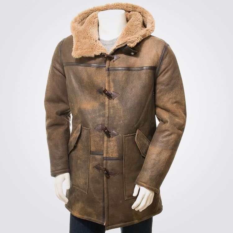 Buy Men's Brown Hooded Sheepskin Duffle Coat - Sheepskin Coat
