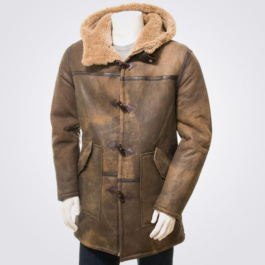 Brown Hooded Sheepskin Duffle Coat for Men - 3amoto shop