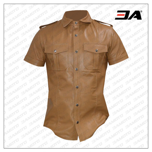 Brown Leather Shirt - 3amoto shop