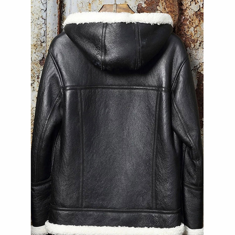 Men's Black Sheepskin Leather White Shearling Jacket with Hood