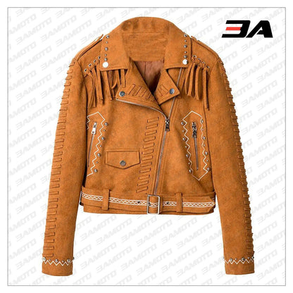 Camel Brown Fringed Leather Studded Biker Jacket - 3A MOTO LEATHER