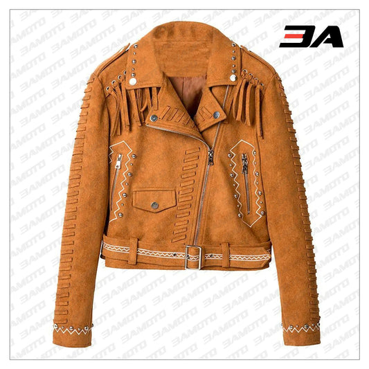 Camel Brown Fringed Leather Studded Biker Jacket - 3A MOTO LEATHER - 3amoto shop