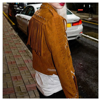 Camel Brown Fringed Leather Studded Biker Jacket - 3A MOTO LEATHER