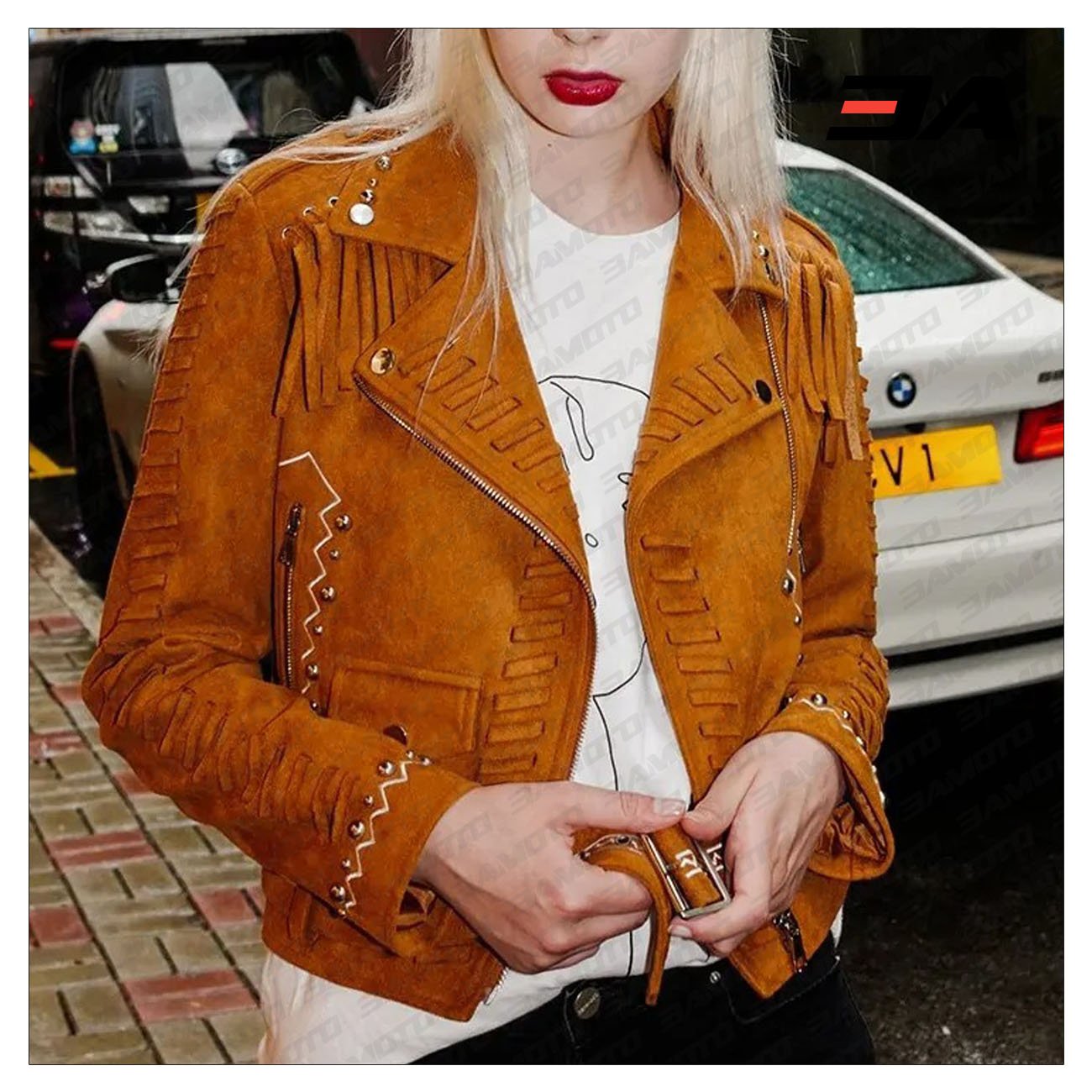 Camel Brown Fringed Leather Studded Biker Jacket - 3A MOTO LEATHER