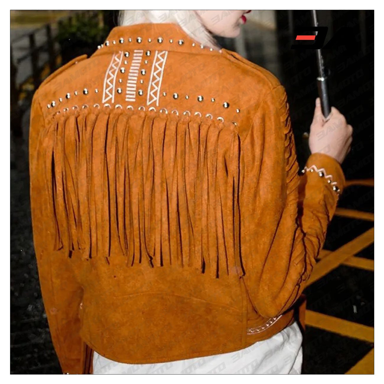 Camel Brown Fringed Leather Studded Biker Jacket - 3A MOTO LEATHER