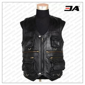 Casual Thicken Black Leather motorcycle Sleeveless Vest for Mens