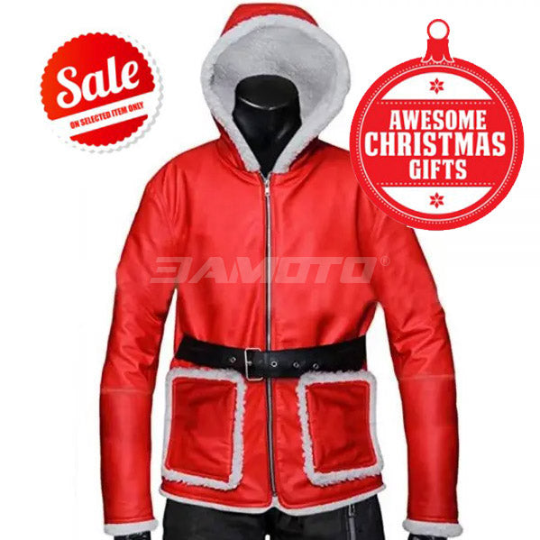 Men s Santa Claus Red Leather Coat Hooded Fur Lined Coat