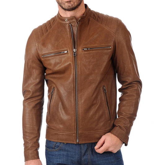 Classic Mens Brown Biker Real Leather Jacket - 3amoto shop