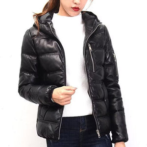 Contra 2020 Black Genuine Hooded Womens Leather Puffer Jacket