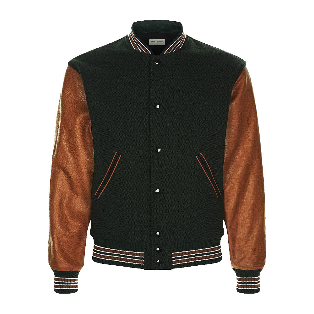 Navy Bomber Jacket with Leather Sleeves, stylish and unique design for men.