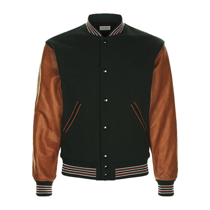 Navy Bomber Jacket with Leather Sleeves, stylish and unique design for men.