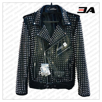 Custom Made Black Leather Studded Punk Style Jacket - 3A MOTO LEATHER