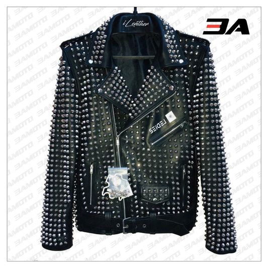 Custom Made Black Leather Studded Punk Style Jacket - 3A MOTO LEATHER - 3amoto shop