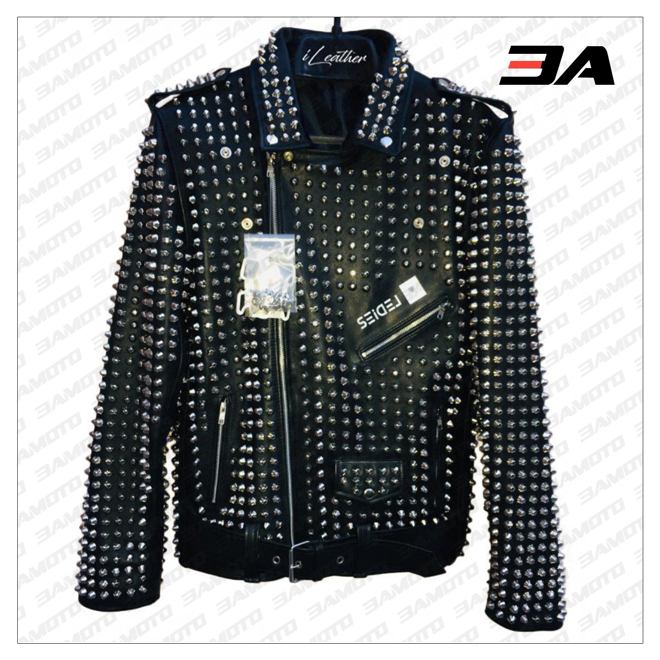 Custom Made Black Leather Studded Punk Style Jacket - 3A MOTO LEATHER