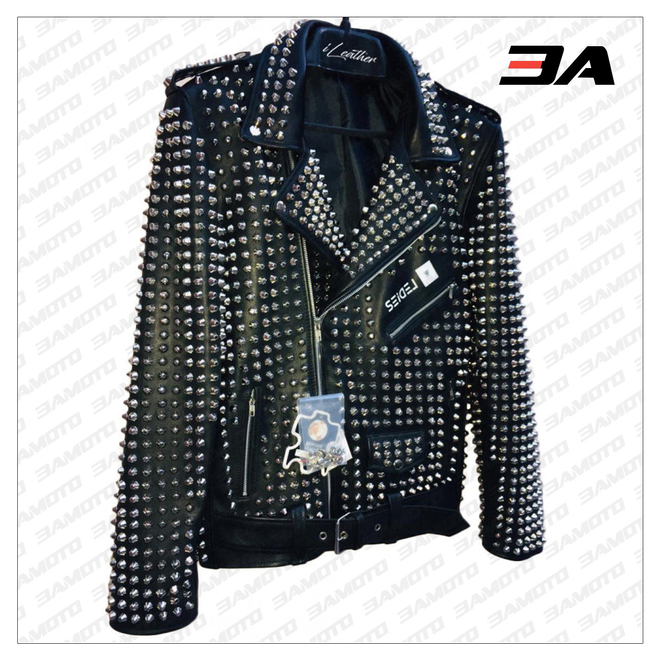 Custom Made Black Leather Studded Punk Style Jacket - 3A MOTO LEATHER