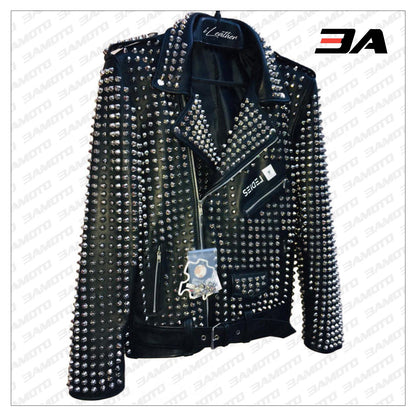 Custom Made Black Leather Studded Punk Style Jacket - 3A MOTO LEATHER