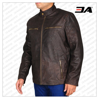 Side view of brown leather jacket detailing