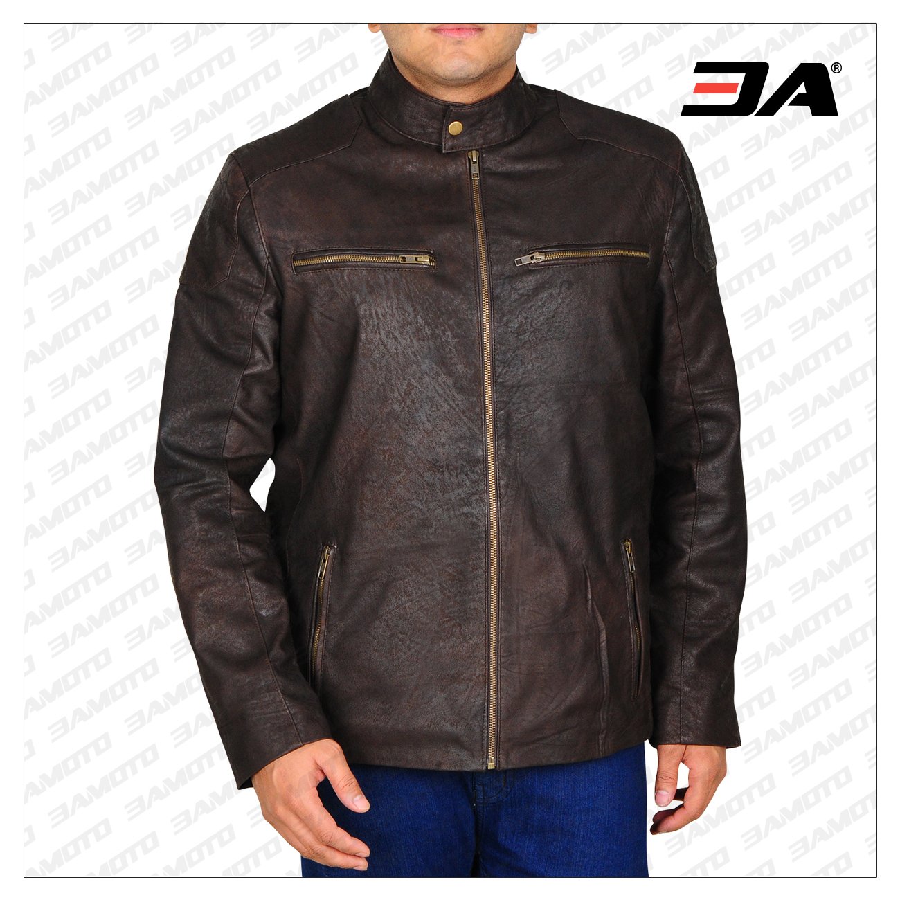 Dark Brown Distressed Leather Jacket - Front View