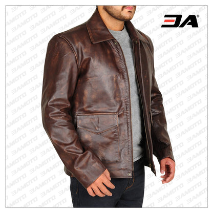 Distressed Men Brown Leather Jacket