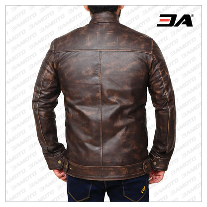 Back view of the distressed brown leather jacket.