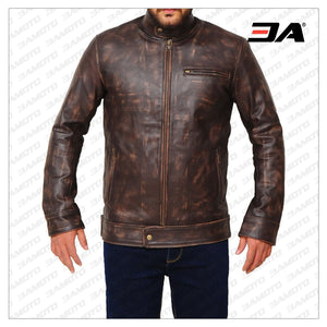 DISTRESSED BROWN SNAP TAB LEATHER JACKET - 3A MOTO LEATHER