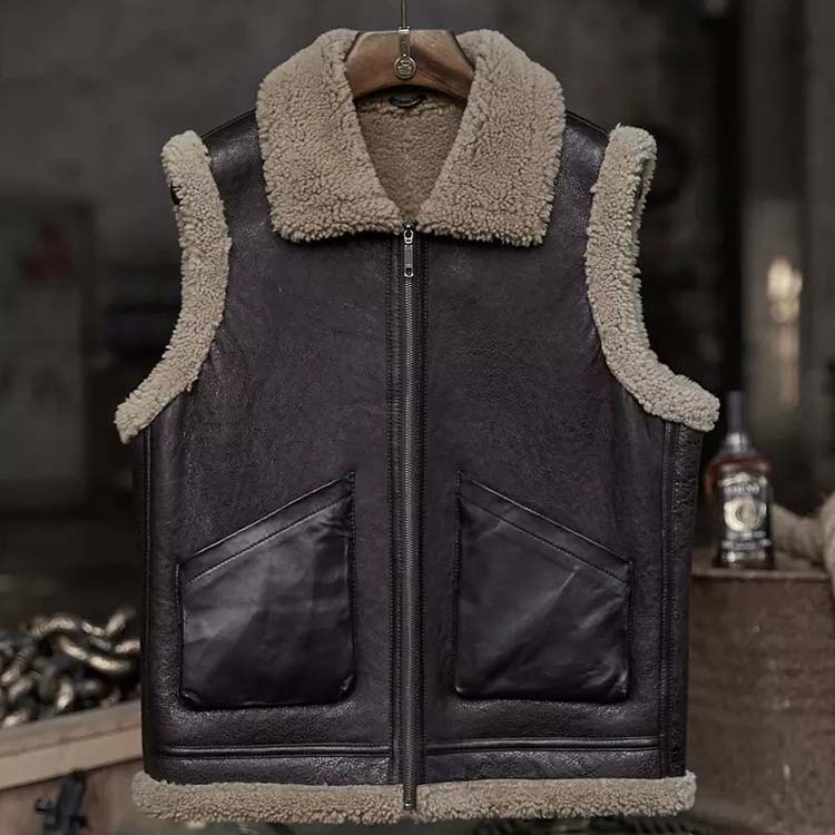 Dark Brown Leather Shearling Vest For Men