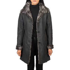 Distressed Black Shearling Leather Coat For Women