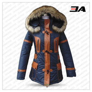 DOWN JACKET IN BLUE FABRIC AND SHEEPSKIN LEATHER
