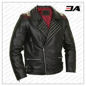 Edgy Black Leather Biker Jacket With Red Quilted Lining for sale