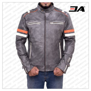 FOSSIL GREY RETRO BIKER LEATHER JACKET - 3A MOTO LEATHER