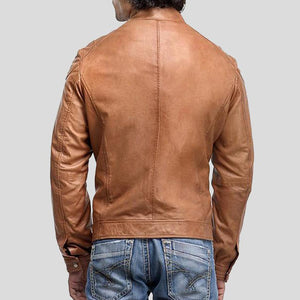 Four Zipper Pockets Tan Brown Leather Motorcycle Jacket For Mens