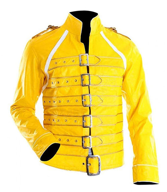 Freddie Mercury Yellow Strap Faux Leather Jacket - 3amoto shop