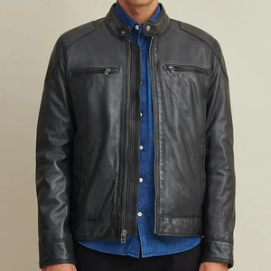 Genuine Leather Biker Jacket with Shoulder Patches