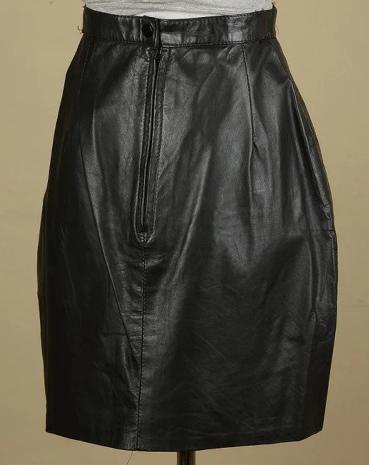 Women Fitted A-Line Genuine Leather Skirt in Black