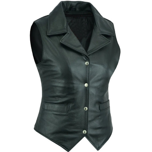 Genuine Stylish Black Leather Vest For Womens - Fashion Leather Jackets USA - 3AMOTO