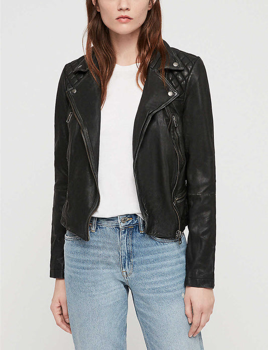 Women’s Distressed Black Leather Biker Jacket - Fashion Leather Jackets USA - 3AMOTO