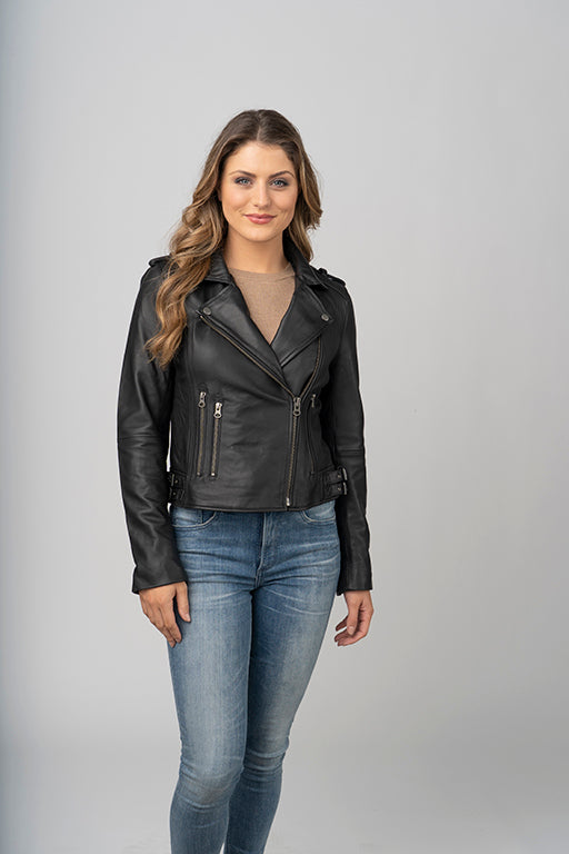 Women’s Black Sheepskin Leather Biker Jacket - Fashion Leather Jackets USA - 3AMOTO