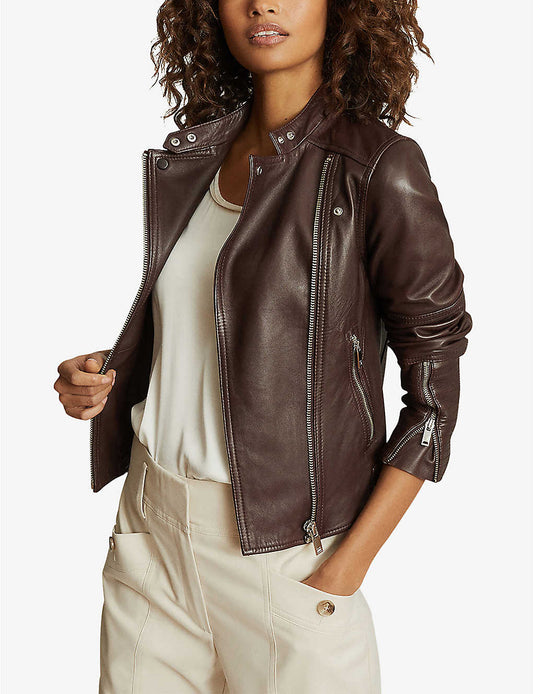Women’s Chocolate Brown Leather Biker Jacket - Fashion Leather Jackets USA - 3AMOTO