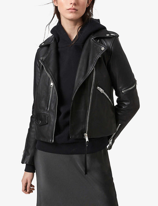 Women’s Genuine Sheepskin Black Leather Biker Jacket - Fashion Leather Jackets USA - 3AMOTO