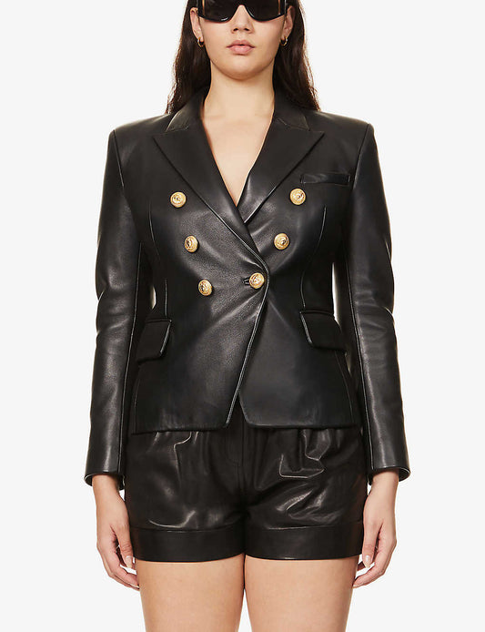 Women’s Black Leather Blazer Golden Button - Fashion Leather Jackets USA - 3AMOTO