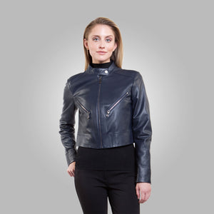 Women’s Blue Leather Short Fit Jacket