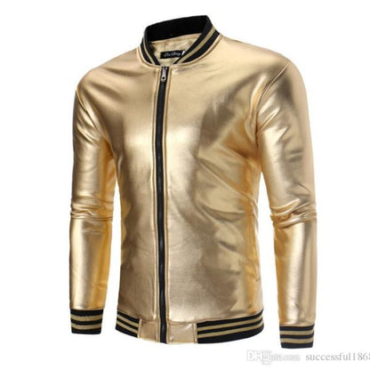 Golden Vinyl Biker Men’s Bomber Leather Jacket