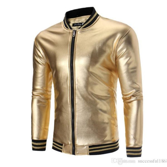 Golden Vinyl Biker Men’s Bomber Leather Jacket - Fashion Leather Jackets USA - 3AMOTO