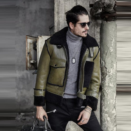 Green Mens RAF Flying Pilot Sheepskin Shearling Leather Jacket - Fashion Leather Jackets USA - 3AMOTO